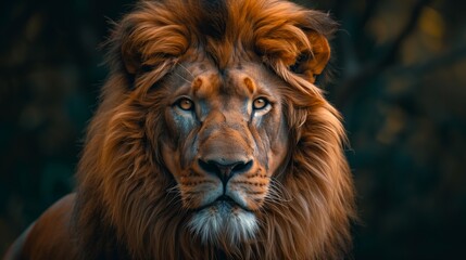 Fototapeta premium A majestic lion with an impressive mane stands against the backdrop of its natural habitat
