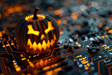 hardware circuit background with scary pumpkin lantern , halloween themed technology illustration 