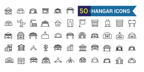 Hangar icons set. Outline set of hangar vector icons for ui design. Outline icon collection. Editable stroke.
