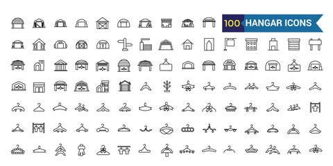 Hangar icons set. Outline set of hangar vector icons for ui design. Outline icon collection. Editable stroke.