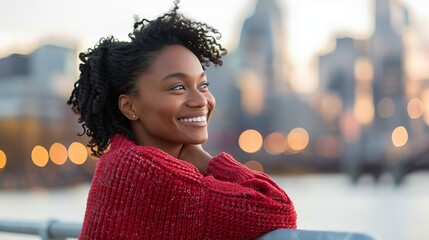 Portrait of a smiling black woman wearing a red sweater leaning on a handbar with a city skyline in the background