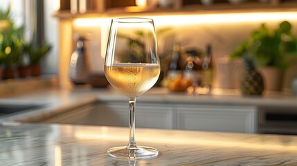 White Wine Glass on Marble Countertop in Modern Kitchen