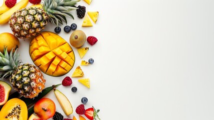 Colorful tropical fruit arrangement on white background featuring pineapple, mango, berries, and more. Perfect for health and food-related content.