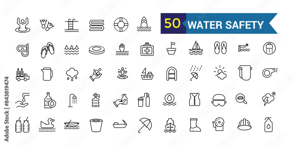 Wall mural water safety training icons set outline vector. beach assistance. outline icon collection. editable 