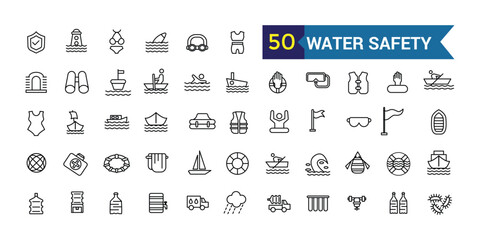 Water safety training icons set outline vector. Beach assistance. Outline icon collection. Editable stroke.