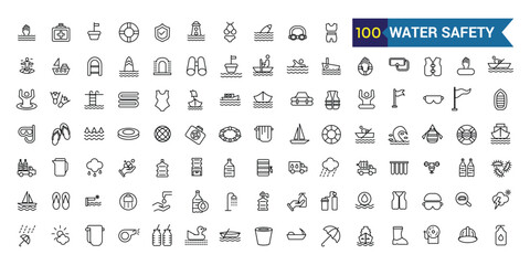Water safety training icons set outline vector. Beach assistance. Outline icon collection. Editable stroke.