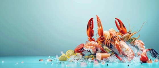 Fresh seafood platter with lobster, shrimp, and oysters on ice, garnished with lemon slices and herbs on a light blue background.