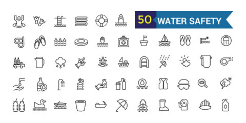 Water safety training icons set outline vector. Beach assistance. Outline icon collection. Editable stroke.