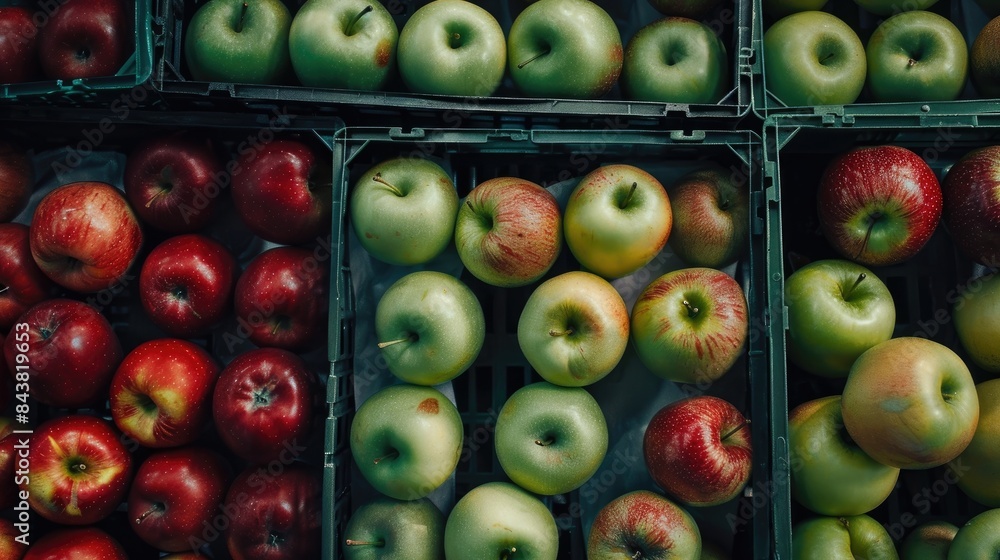 Poster apples of both red and green colors showcased in crates at the market from above