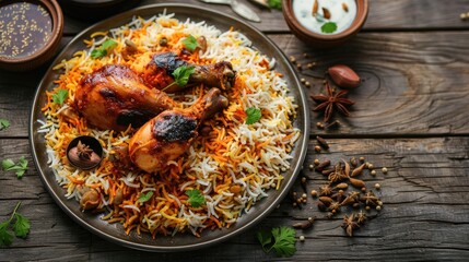 Platter of Hyderabadi chicken biryani on the wooden table. Indian food. Arab food