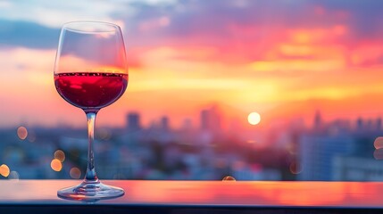 Red Wine Glass on Terrace at City Dusk