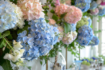 Hydrangeas elegantly used as wedding decorations. Romantic floral embellishments.