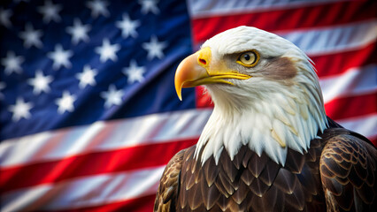 Bald eagle with sharp eyes in front of an American flag backdrop, representing strength and freedom.