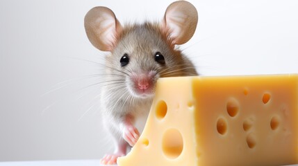 Fototapeta premium A realistic photo of a mouse nibbling on a piece of cheese on a clean white background, its whiskers and pink nose in focus.
