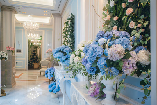 Exquisite hydrangea arrangements enhancing the beauty of a wedding venue. Romantic floral elegance.