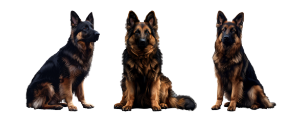 Three German Shepherds dogs sitting attentively in a row.