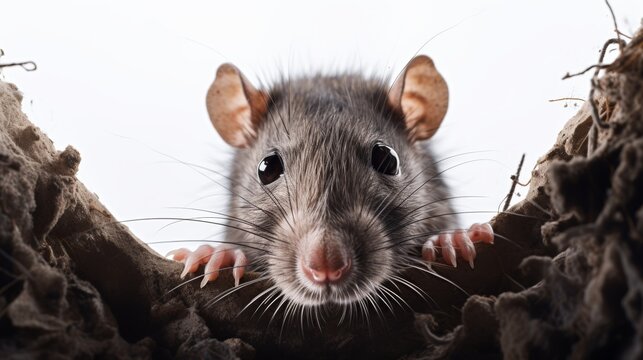 A realistic photo of a rat peering out from a hole on a clean white background, its coarse fur and beady eyes visible.