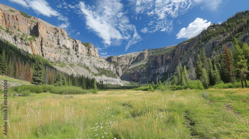 Poster a summertime hike leading through a valley bordered by towering cliffs each one marked with horizont