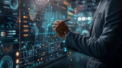 The businessman analyzing holographic data