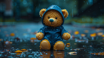 A blue depressed toy bear in raincoat 