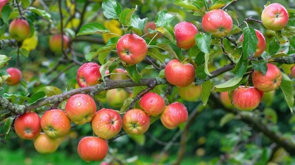 Apples hanging from a tree branch in an orchard