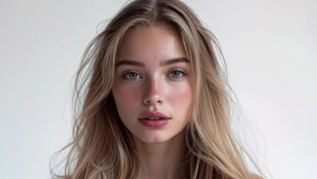Many different girls look camera close-up. Lot mix race woman face. Multi ethnic group portrait. All us girl team head shot. Various skin tone care. Young adult age.