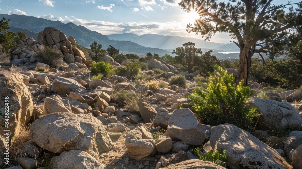 Poster the sun shines down on the boulder fields casting dramatic shadows and highlighting the different te