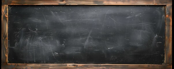 A large, empty black chalkboard with a wooden frame, ready for use