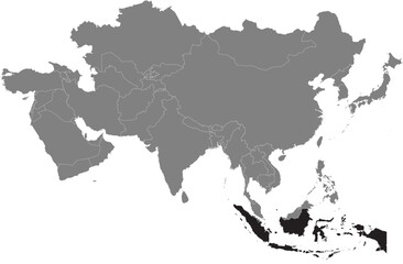 Highlighted black map of INDONESIA inside dark grey detailed blank political map of Asia using orthographic projection on transparent background, without Russia