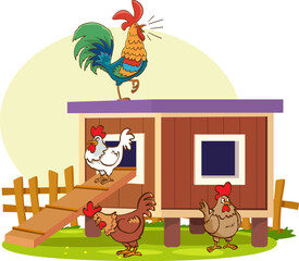 Chicken farm illustration with cock, hen, wooden perch, eggs, green bush and grass. Poultry organic farming background with chicken, rooster in cartoon flat style. Kids nature vector illustration © serkan