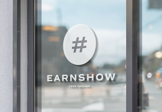 Window Logo Mockup Template Style Effect Wall Badge Sign Signboard Metal Text Brand Logotype Identity