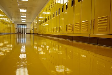 A row of yellow lockers in a spacious school hallway with polished floors