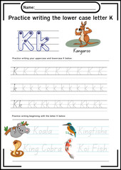 English alphabet writing practice sheets with cute pictures for kids to learn vocabulary. Basic writing exercises for preschool and kindergarten children, students and teachers. C-Z