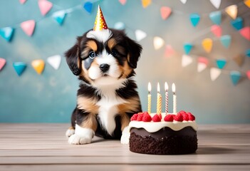 portrait of cute spotted puppy with party hat and birthday cake with burning candles on blue background with garlands