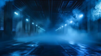 Dark empty street scene  neon lights  dark blue background