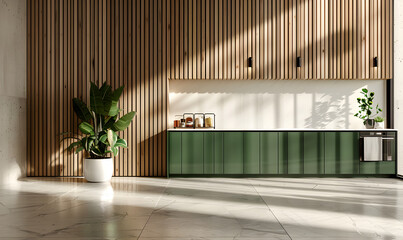 White folding reeded glass partition sage green modern design kitchen cabinet cupboard and dining

