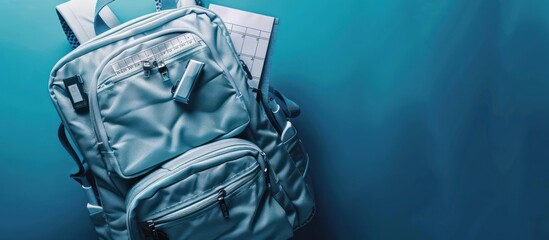 Cerulean background with a silver school backpack, filled with planners and USB sticks,