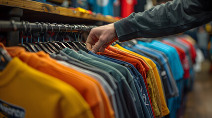 Man choosing clothing in a second-hand store. Various vintage suede leather and jeans jackets hang on clothing rack. Thrifting and sustainability in clothing concept