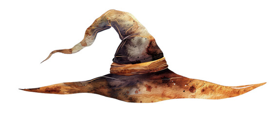 A brown wizard hat with a wide brim.