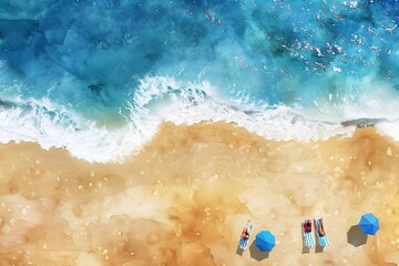 Fototapeta premium Top view oncoast with ocean waves Blue water background Summer seascape from air Generative AI 