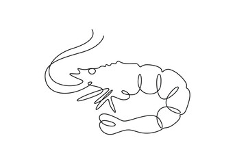 Continuous one line drawing of fresh shrimp for seafood logo icon vector illustration. Pro vector