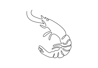 Continuous one line drawing of fresh shrimp for seafood logo icon vector illustration. Pro vector