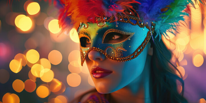 A woman wearing a colorful masquerade mask adorned with feathers, with festive lights in the background.