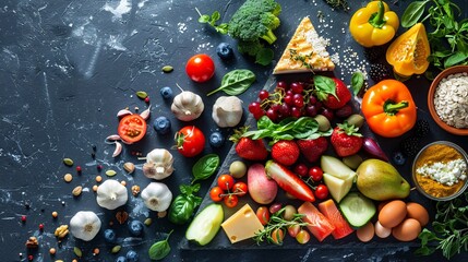 Colorful Assortment of Fresh Fruits, Vegetables, and Healthy Foods on a Dark Rustic Background