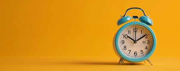 Blue Alarm Clock On Yellow Background.