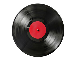 A classic black vinyl record with a red label.  The record is isolated on a black background.  Perfect for music, nostalgia, and retro concepts.
