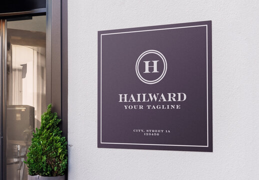Entrance Logo Mockup Template Style Effect Wall Badge Sign Signboard Metal Text Brand Logotype Identity with Generative AI