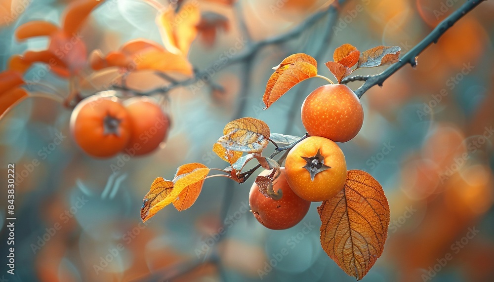Poster close-up of vibrant orange persimmons on a branch with autumn leaves and bokeh background in soft fo