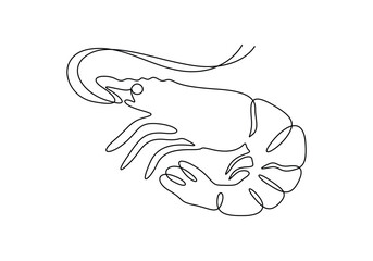 Continuous one line drawing of fresh shrimp for seafood logo icon vector illustration. Pro vector
