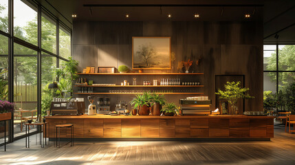 well-traded cafe, spacious and simple, modern and luxurious, installation artwork in the center, coffee bar next to it like an object, and Nordic style furniture,